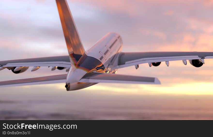 Air plane flies into the dawn sky. Air plane flies into the dawn sky