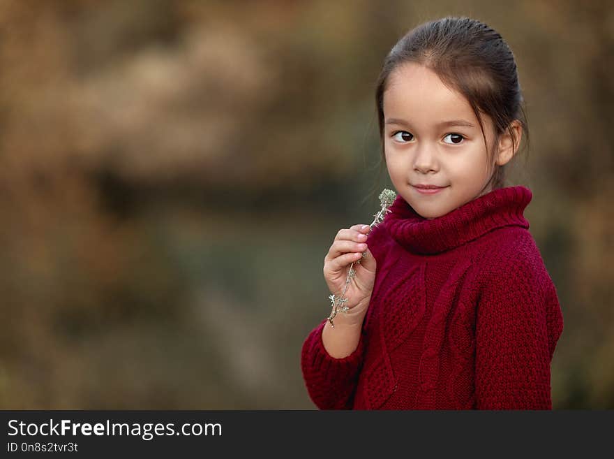 Little Girl Playing With Autumn Fallen Leaves