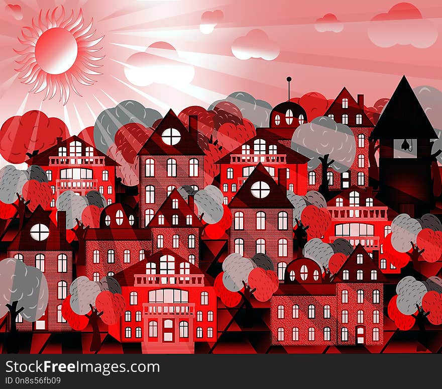 Vector image of the pink cityscape in the rays of the sun with buildings and trees around them. File EPS attached. Vector image of the pink cityscape in the rays of the sun with buildings and trees around them. File EPS attached.