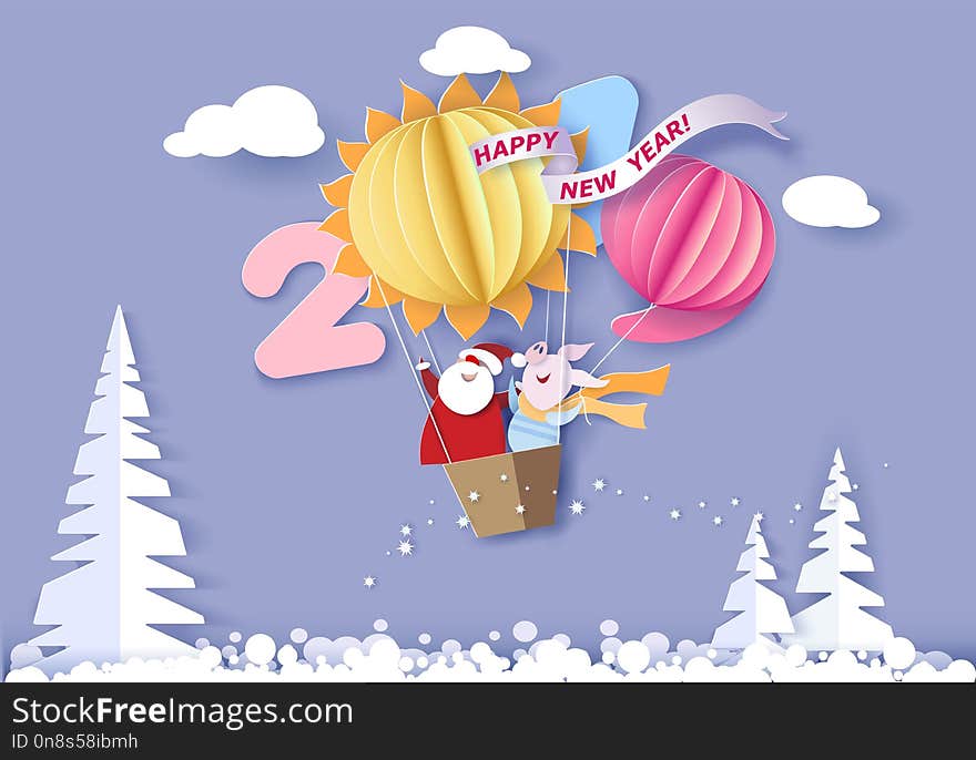 Color paper cut design and craft winter landscape with tree, Santa Claus and pig flying with air balloons. Holiday 2019 year and christmas design. Vector illustration. New Year card. Color paper cut design and craft winter landscape with tree, Santa Claus and pig flying with air balloons. Holiday 2019 year and christmas design. Vector illustration. New Year card.