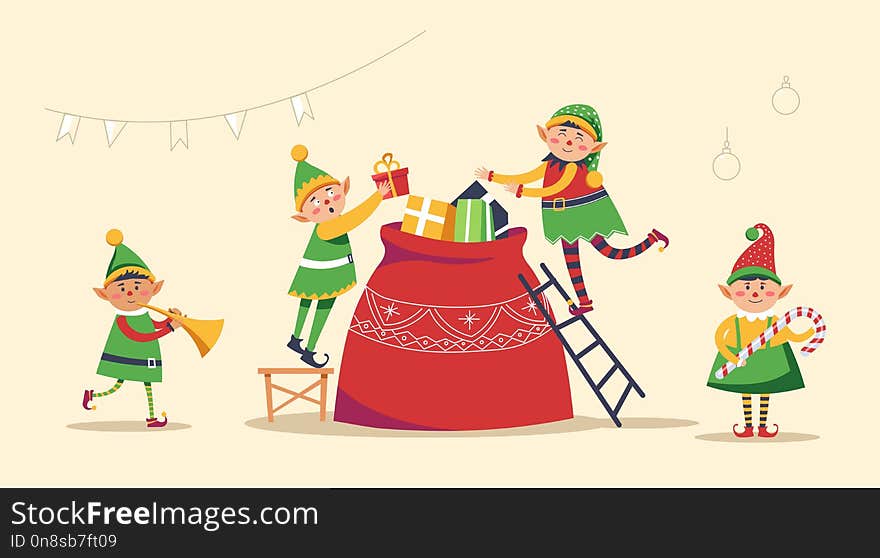 Christmas winter holiday, elves getting ready for holiday vector. Children, santa claus helpers gathering presents into sack and decorating evergreen pine tree. Gifts with wrapped paper and ribbons