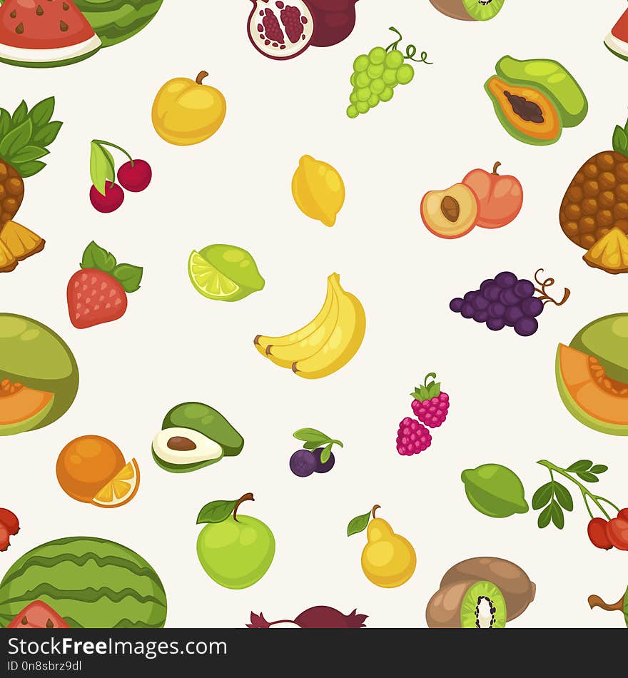 Banana and watermelon, cherry and pineapple fruits seamless pattern isolated on white background. Avocado and peaches, apples and pomegranates, kiwi and strawberries with raspberries set vector