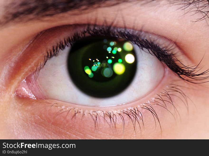 Artificial close-up Eye Cyborg face of mechanical robot, future with green glow