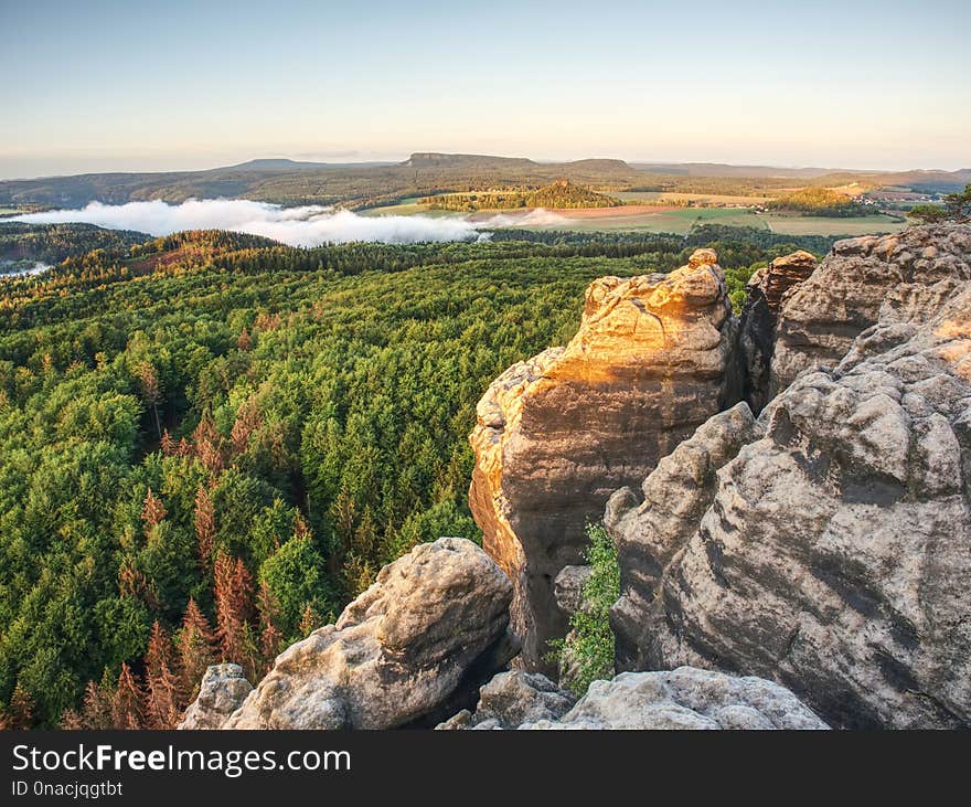 Mountains Above Landscape Covered With Green Forest In Clear Summer Daybreak. Landscape Of Hilly Mountains In Europe