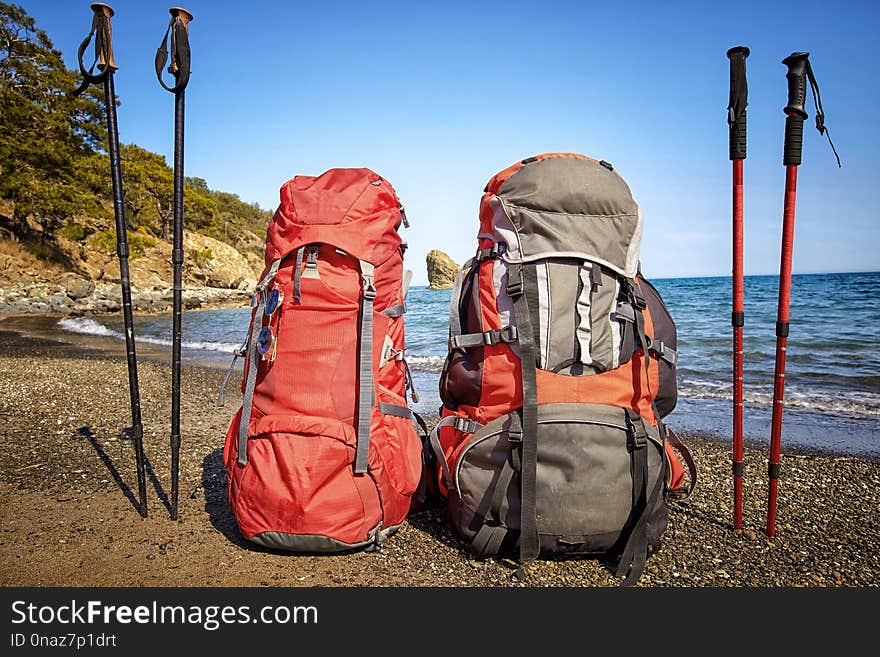 Backpacks on the beach of the Mediterranean Sea . Backpacks on the beach of the Mediterranean Sea .