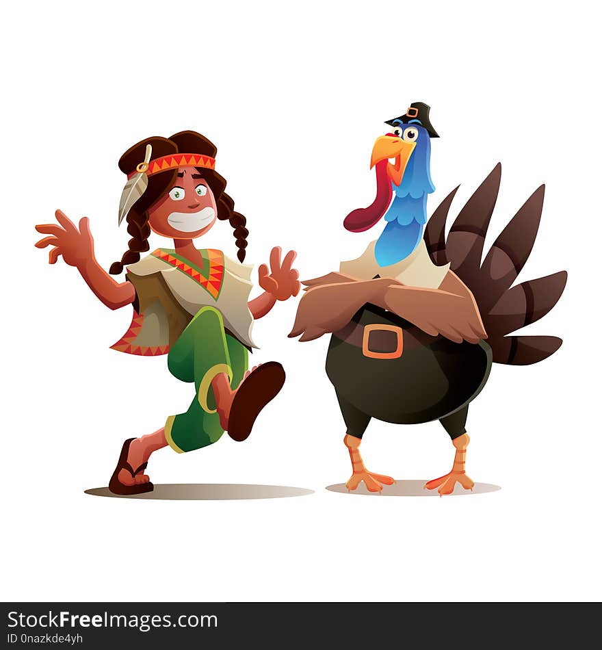 Thanksgiving Turkey and Indian Tribe Boy Character Design