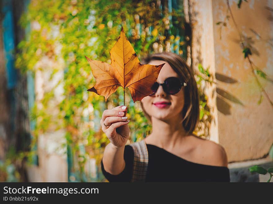 Young girl in sunglasses holding a leaf in hands and looking on it. Autumn season time