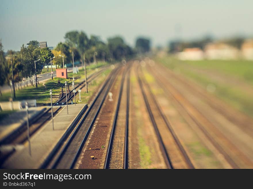 Railway station, rails and sleepers.