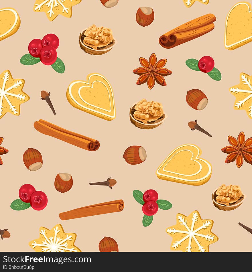 Seamless pattern with christmas cookies, nuts, branches of holly, cinnamon, citrus, anise and cloves. Seamless pattern with christmas cookies, nuts, branches of holly, cinnamon, citrus, anise and cloves