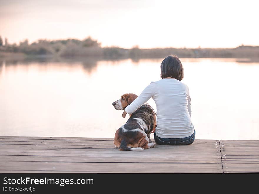 Happy young woman sitting on the wooden pier with her dog Basset Hound. Woman with puppy. Pretty young woman hugging her dog Basset Hound on the wooden dock on the river