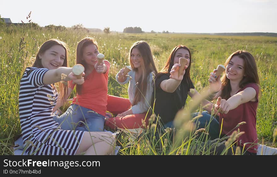 Five young schoolgirls eat ice cream on a meadow on a warm summer day.