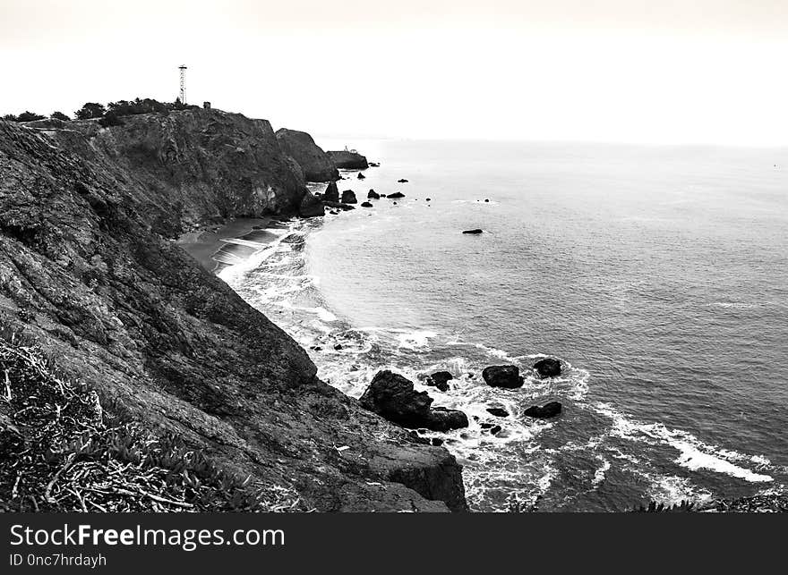 Sea, Coast, Black And White, Shore