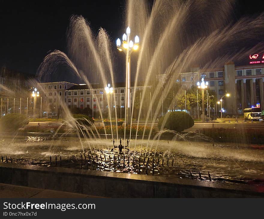 Fountain, Water, Water Feature, Night