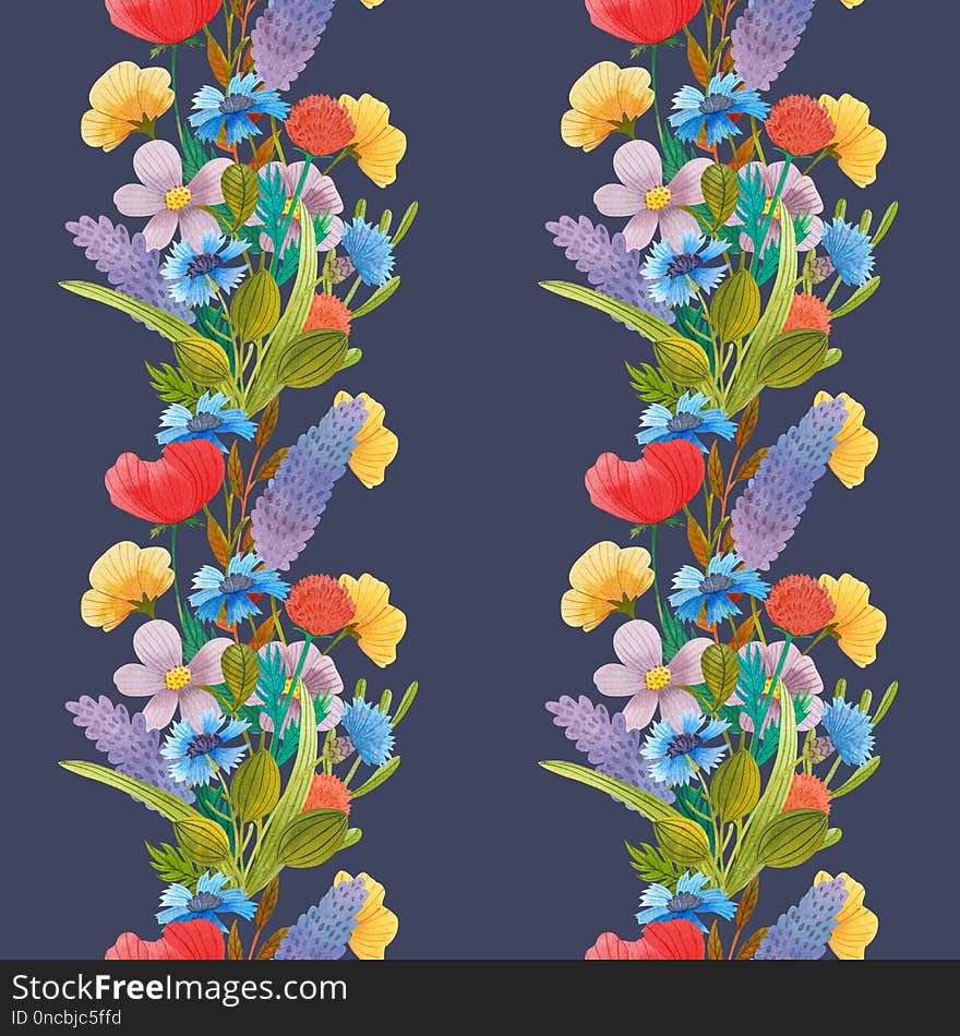 Wild flowers watercolor pattern set illustration seamless