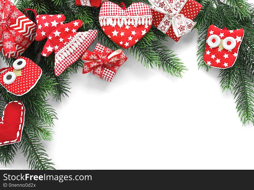 Christmas decoration - gifts, stars, owles and hearts on white background. Flat lay, top view