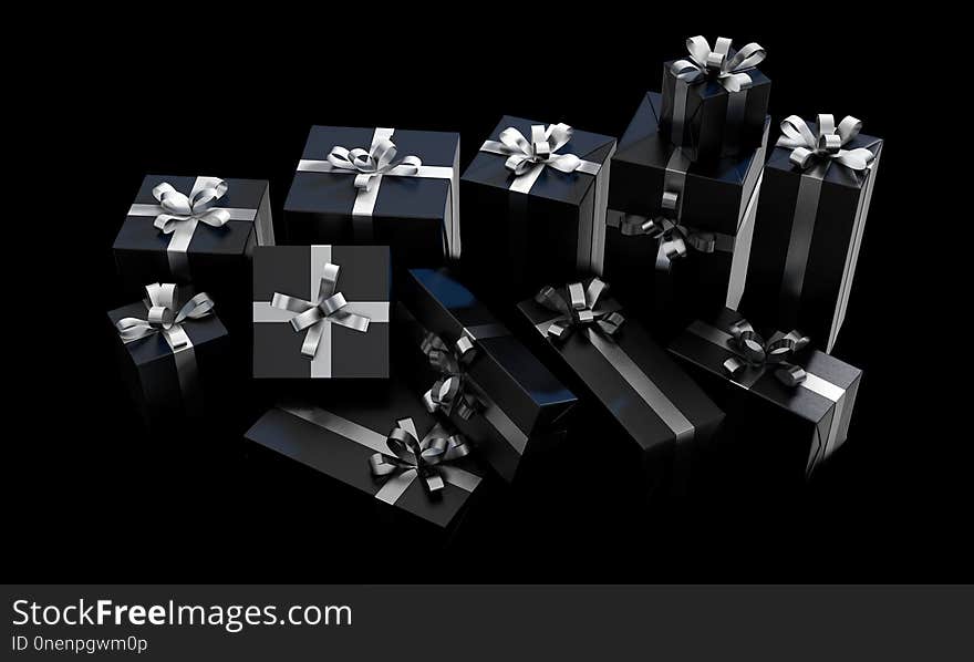 A scattered collection of various sized gift boxes wrapped in a shiny black paper and a silver ribbon and bow on an isolated dark studio background - 3D render. A scattered collection of various sized gift boxes wrapped in a shiny black paper and a silver ribbon and bow on an isolated dark studio background - 3D render