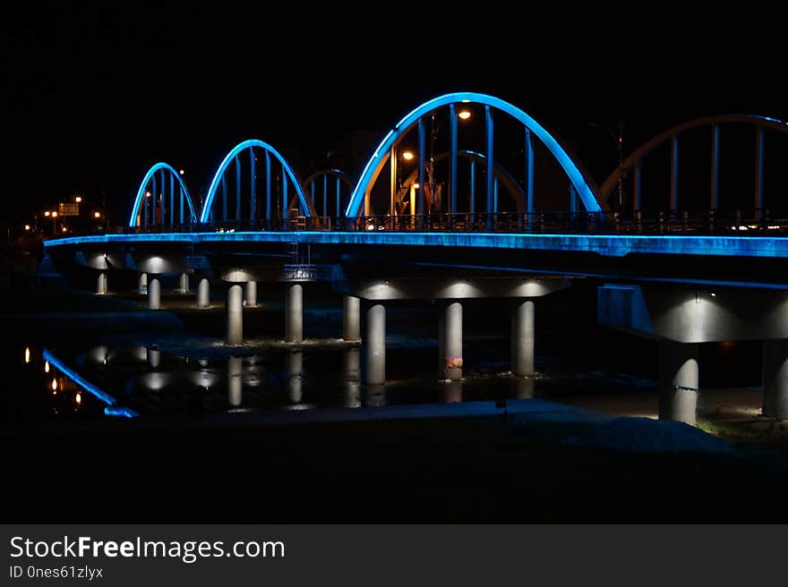 Reflection, Bridge, Night, Water