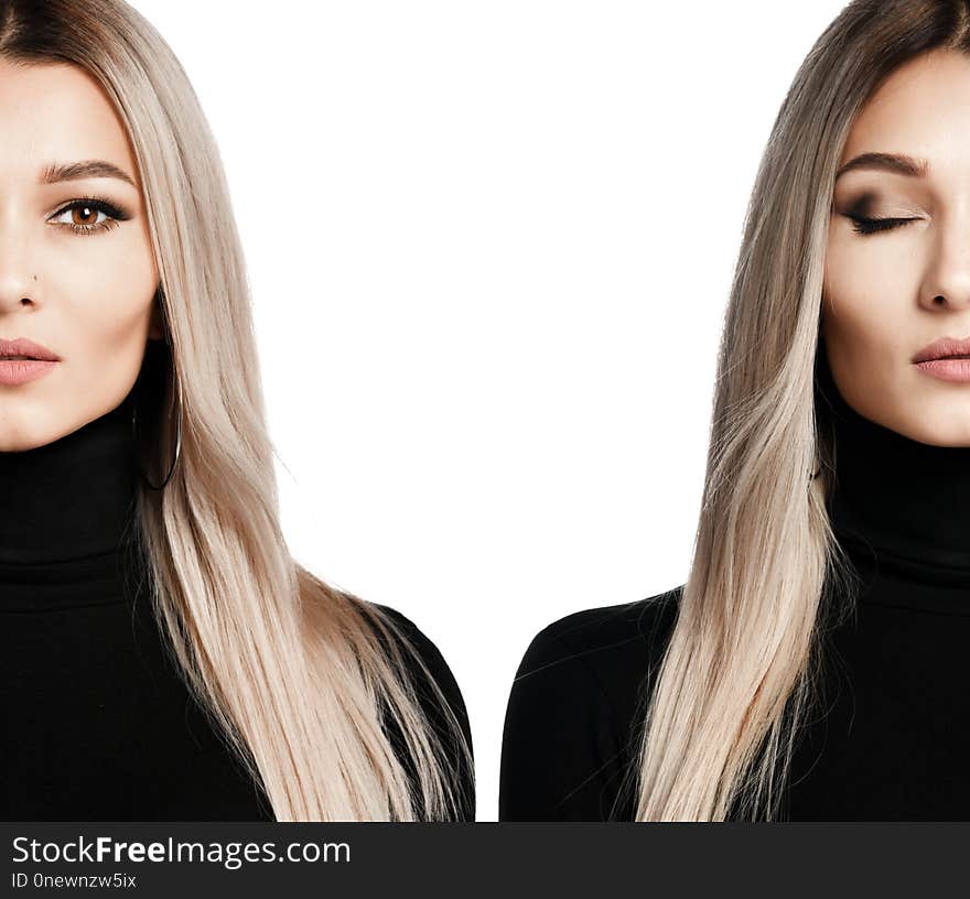 Beautiful portrait of blonde woman composition with closed and open eyes on white background