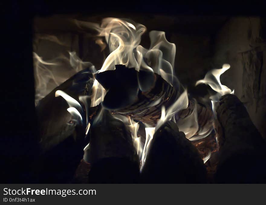 Burning Logs In Old Fireplace, Flames Close Up