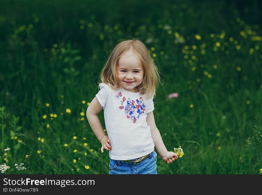 Beautiful little girl in the meadow near tree posing and smiling. Beautiful little girl in the meadow near tree posing and smiling