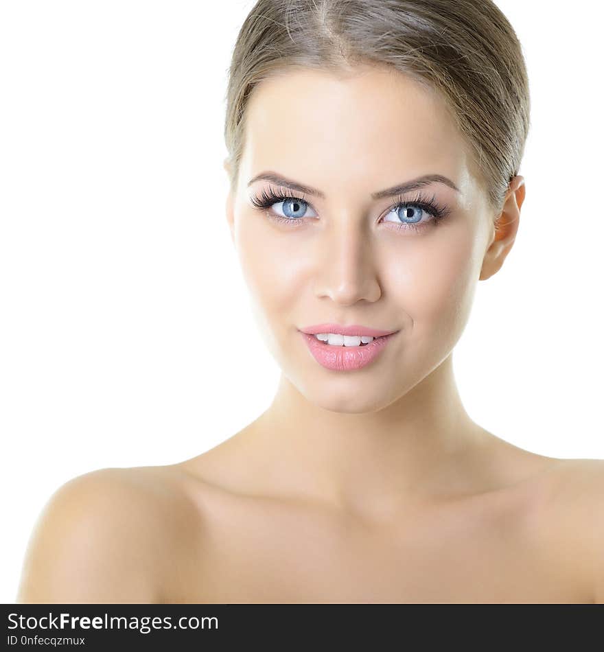 Beauty portrait of young woman with beautiful healthy face, studio shot of attractive happy smiling girl over on white background