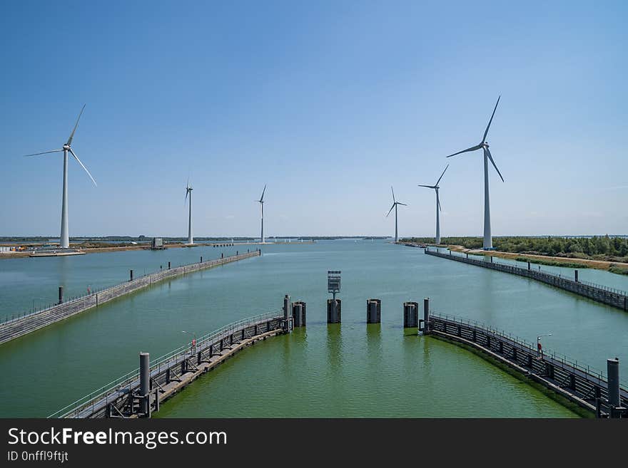 Windmill, Waterway, Wind Farm, Wind Turbine