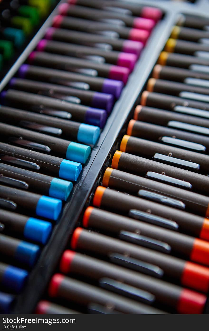 Rows of professional colorful crayons placed in order in a case