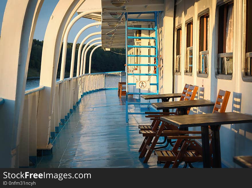 View of the passenger deck for rest and walks of passengers during a cruise on the old ship