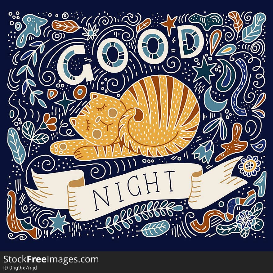 Colorful vector illustration of hand lettering text - good night. Sleeping cat