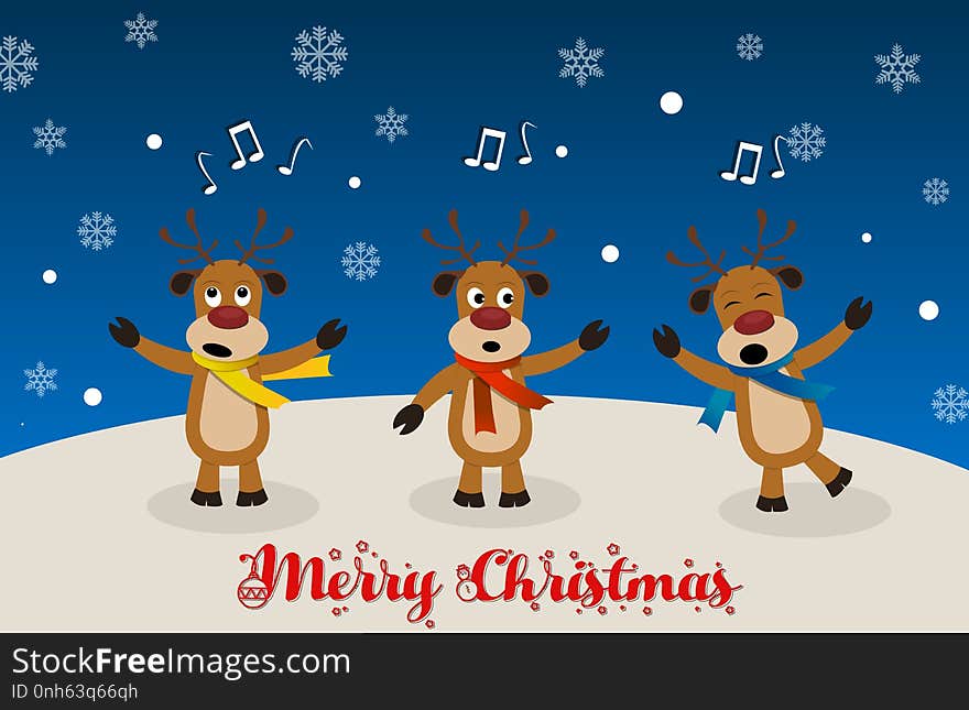 A group of four cute reindeer singing Christmas carols on a snowy background. Ai file available. A group of four cute reindeer singing Christmas carols on a snowy background. Ai file available.