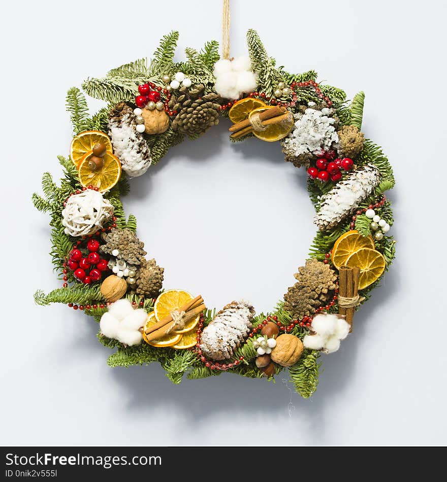 Traditional new year wreath on wall