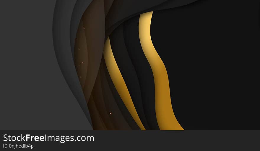 Vector 3D abstract background with paper cut shape. Colorful dark carving art with gold and sparkles. Paper craft Antelope canyon landscape. Minimalistic design for business presentations, flyers