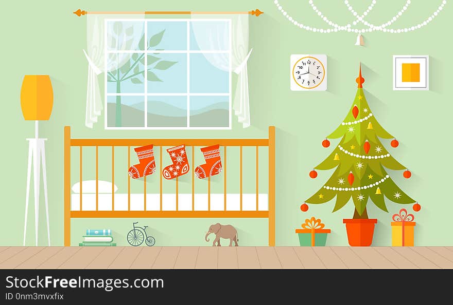 Children`s Room With Christmas Tree, Gifts And Christmas Decor. Flat Interior