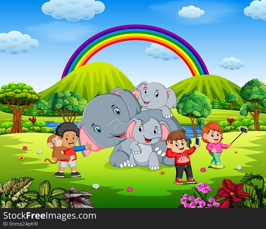 Illustration of Kids having fun selfie photo with elephant in beautiful nature