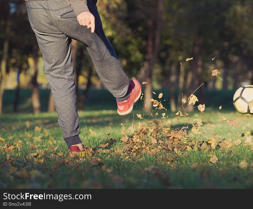 Soccer Player Kicking Football in the Park on a Sunny Autumn Day