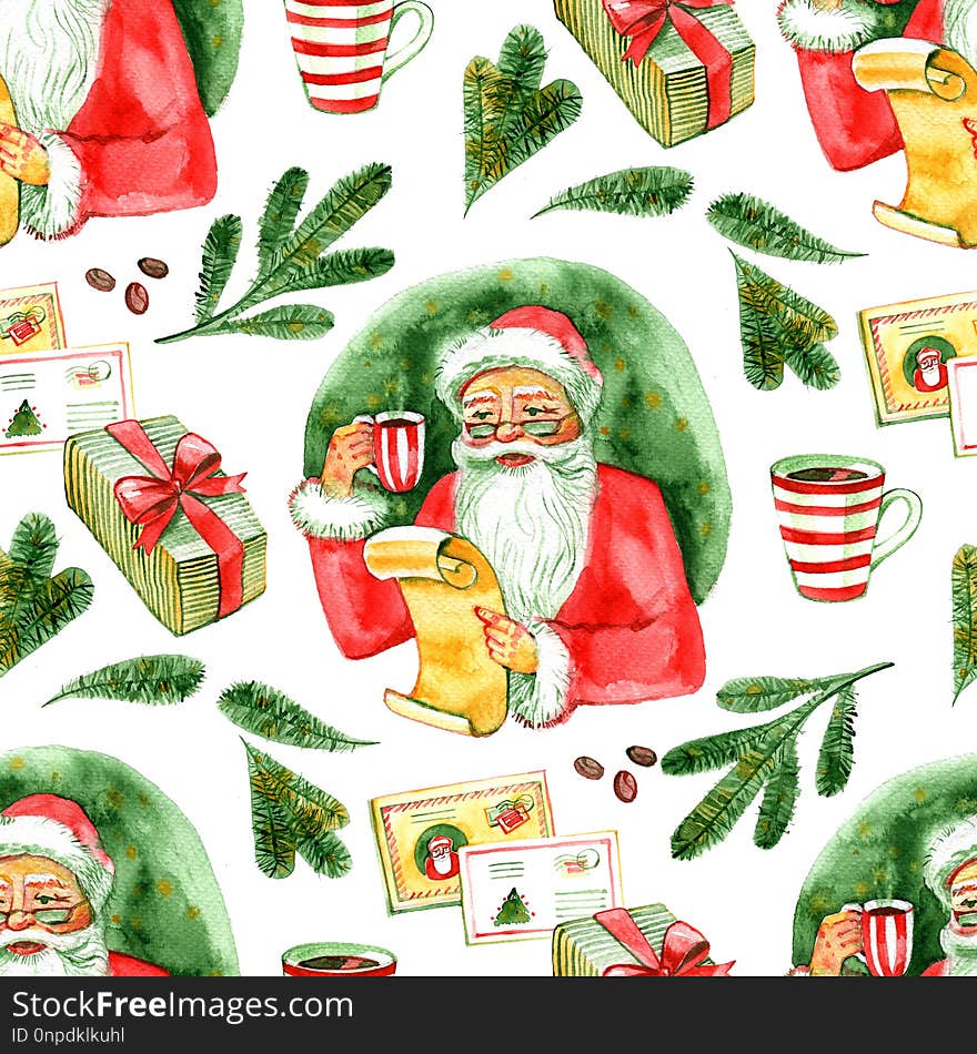 Seamless pattern. Vintage watercolor cute Santa Claus drinking hot tea, coffee and reads letters. Fairytale winter watercolor Christmas illustration, Holiday design elements. Seamless pattern. Vintage watercolor cute Santa Claus drinking hot tea, coffee and reads letters. Fairytale winter watercolor Christmas illustration, Holiday design elements.