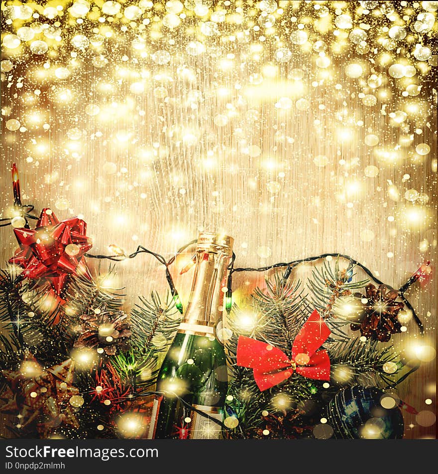 New Year background and Christmas background with champagne and Christmas decorations. New Year background and Christmas background with champagne and Christmas decorations