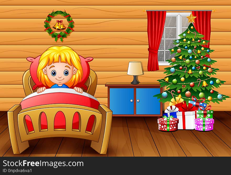 Illustration of Cartoon a girl going to bed in her room with a christmas tree. Illustration of Cartoon a girl going to bed in her room with a christmas tree