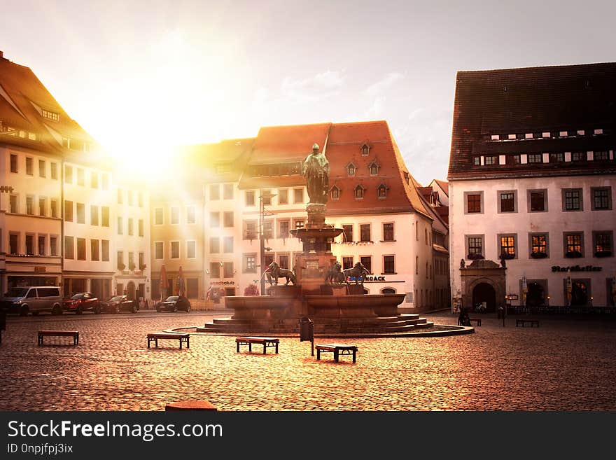 City, Town Square, Sky, Evening