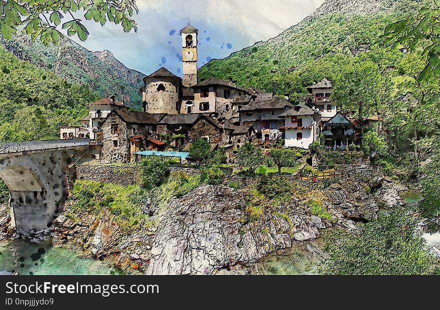 Mountain Village, Mountain, Tree, Village