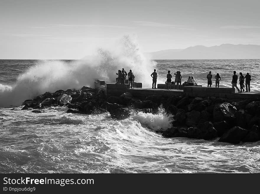 Sea, Wave, Body Of Water, Black And White