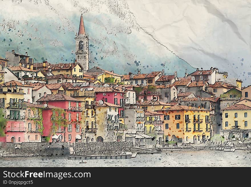 Town, Watercolor Paint, City, Sky