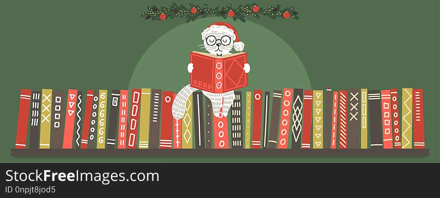 Cat in Christmas hat reading book. Bookshelf with white cat reading book. Christmas vector illustration. Cat in Christmas hat reading book. Bookshelf with white cat reading book. Christmas vector illustration.