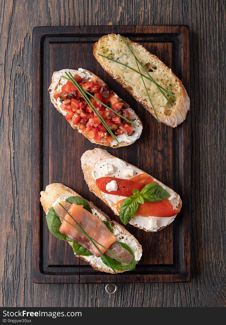 Traditional spanish tapas set on a wooden table