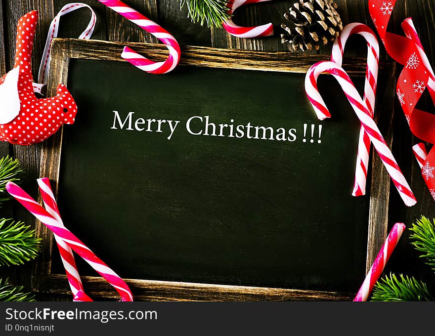 Christmas background, Christmas decoration and black board for note