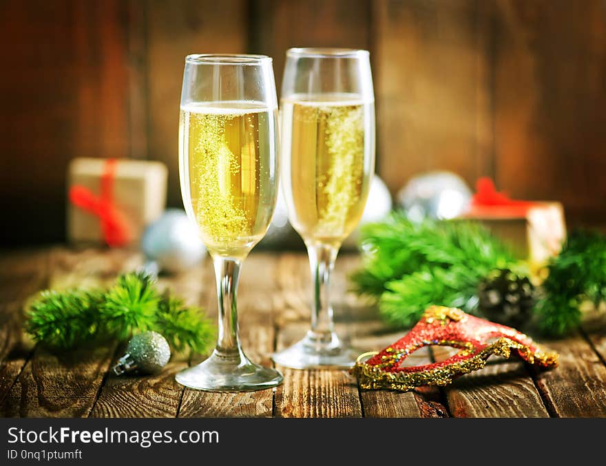 Christmas background, Christmas decoration and champagne