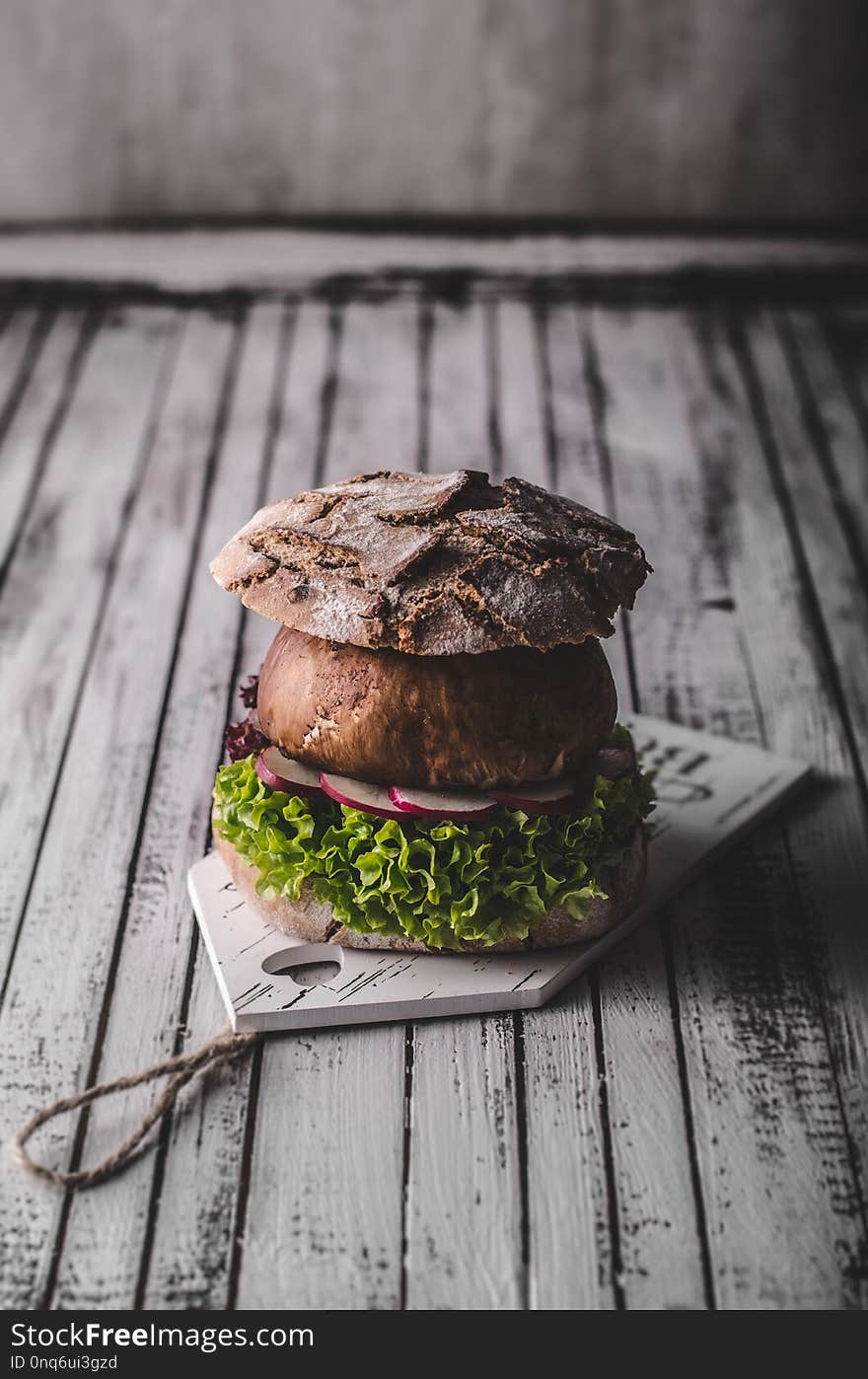 Portobello burger, homemade bun and lettuce