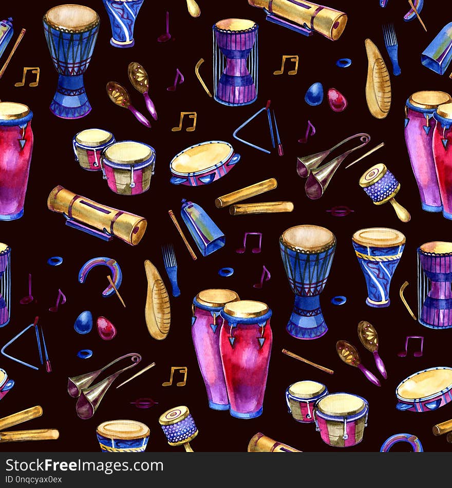 Seamless pattern with drums with splashes in watercolor style and decorative geometric elements on white background. Hand draw illustration