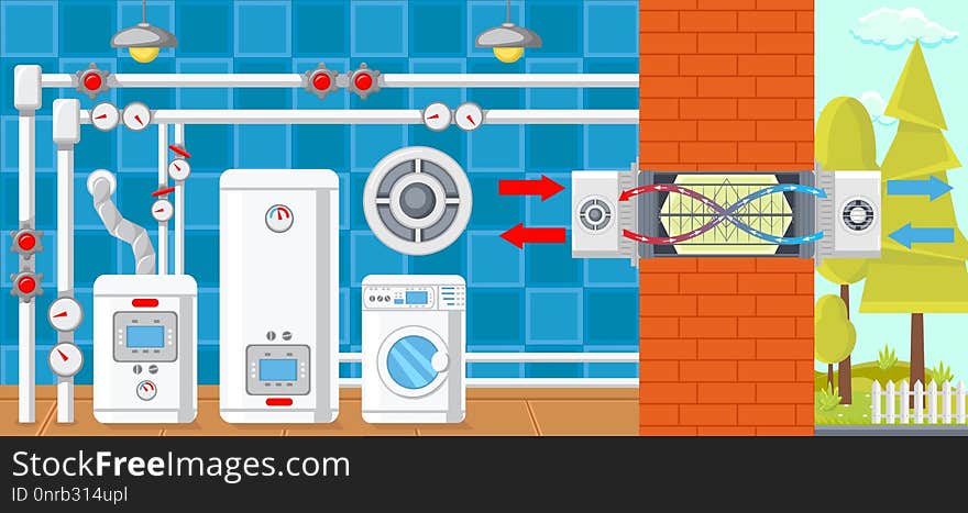 Air Ventilation in Boiler Room. Plumbing in House. Water Supply Concept. Modern Technology in Plumbing. Battery at Home. Batteries and Heat Supply. Heating Layout. Vector Flat Illustration. Air Ventilation in Boiler Room. Plumbing in House. Water Supply Concept. Modern Technology in Plumbing. Battery at Home. Batteries and Heat Supply. Heating Layout. Vector Flat Illustration.