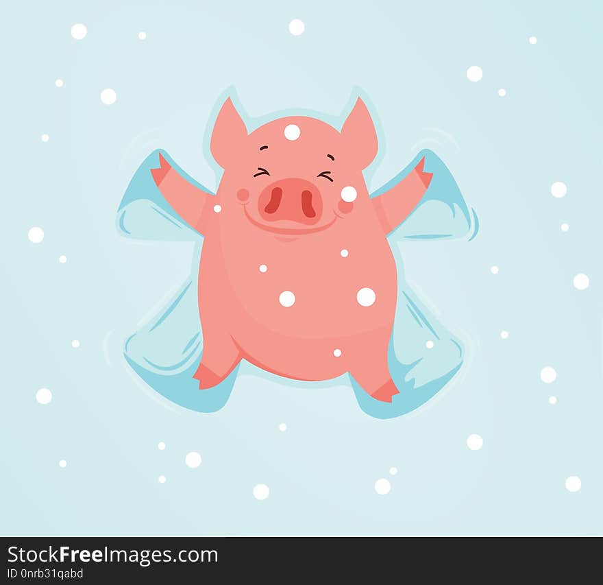 Funny pig in the snow makes snow angel. Cute Vector illustration. can be used as a greeting card, poster and so on